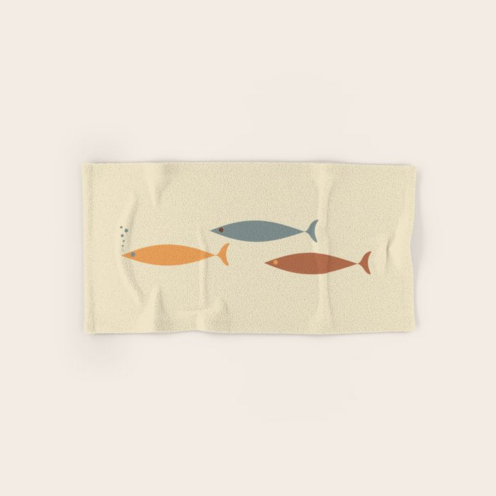 Fish Trio Mid-Century Modern Minimalism in Orange, Slate Blue, Brown, and Cream Beige Bath Towel Gallery Image 1