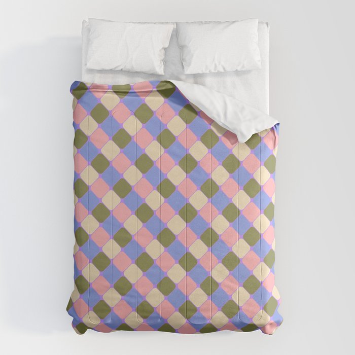 Checkered Geometric Shapes - Very Peri, Blue, Olive, Pink and Cream  Comforter Gallery Image 1