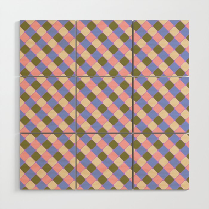 Checkered Geometric Shapes - Very Peri, Blue, Olive, Pink and Cream  Wood Wall Art Gallery Image 1