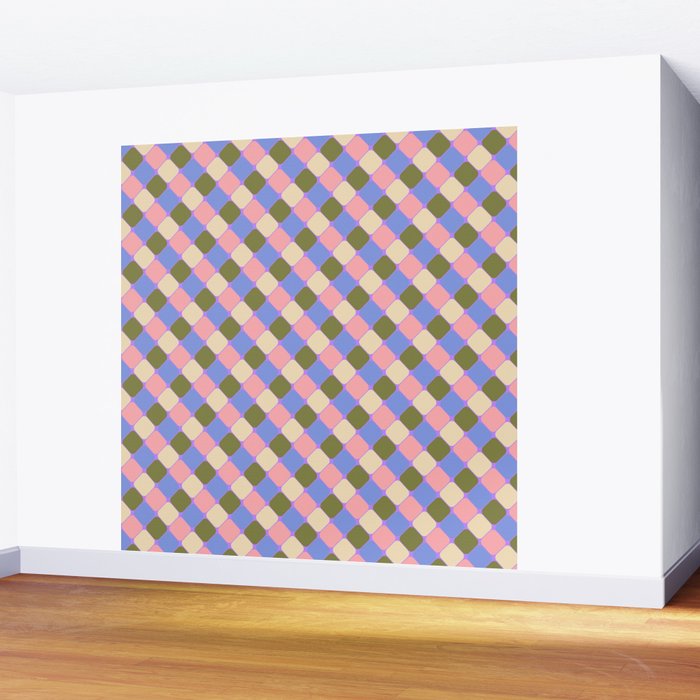 Checkered Geometric Shapes - Very Peri, Blue, Olive, Pink and Cream  Wall Mural Gallery Image 2