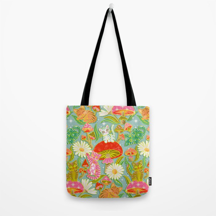 Kittens & Shrooms - Electric on Blue Tote Bag Gallery Image 2