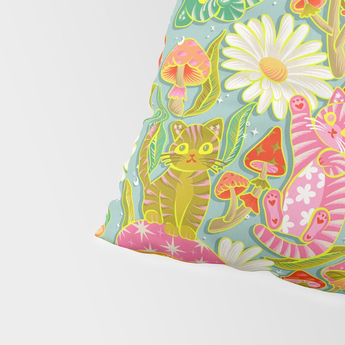 Kittens & Shrooms - Electric on Blue Pillow Sham Gallery Image 4