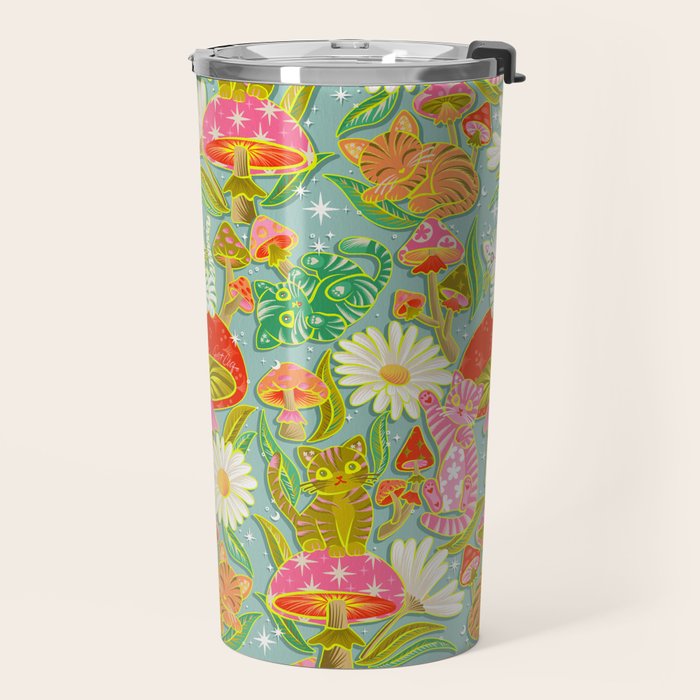Kittens & Shrooms - Electric on Blue Travel Mug Gallery Image 2
