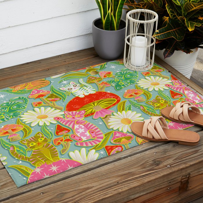 Kittens & Shrooms - Electric on Blue Outdoor Rug Gallery Image 2