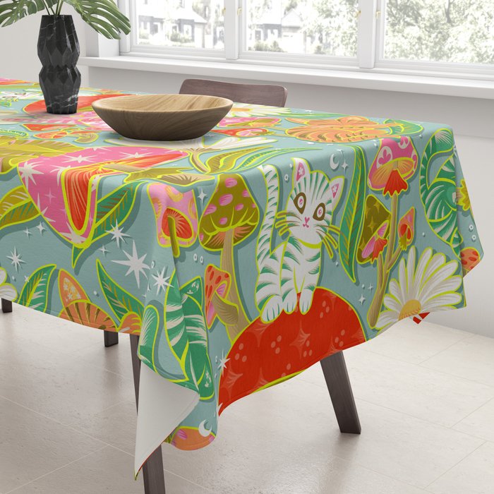 Kittens & Shrooms - Electric on Blue Tablecloth Gallery Image 3