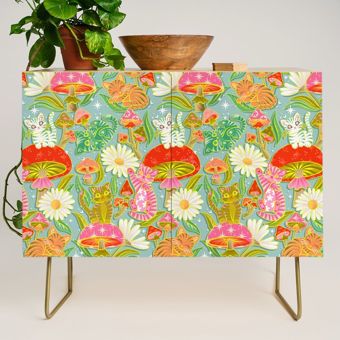 Kittens & Shrooms - Electric on Blue Credenza Gallery Image 1