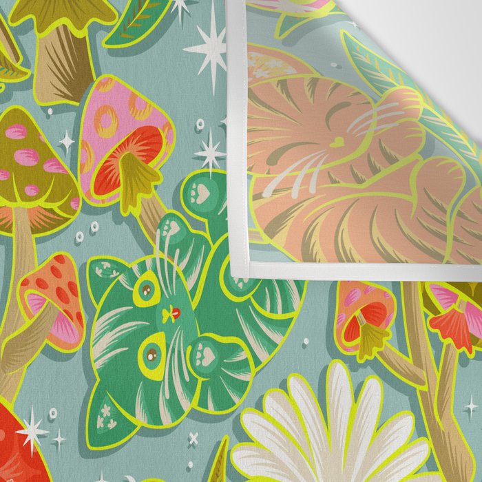 Kittens & Shrooms - Electric on Blue Wall Tapestry Gallery Image 3
