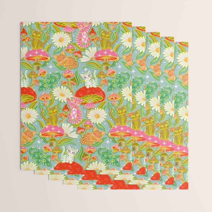 Kittens & Shrooms - Electric on Blue Wrapping Paper Gallery Image 3
