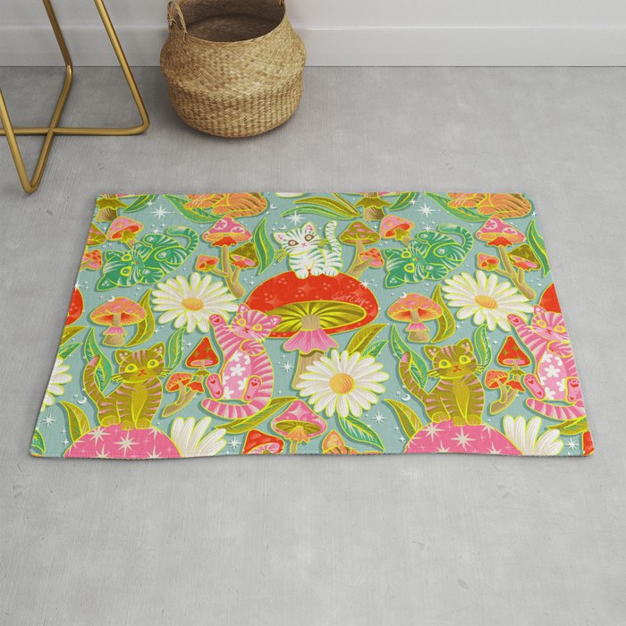 Kittens & Shrooms - Electric on Blue Rug Gallery Image 1
