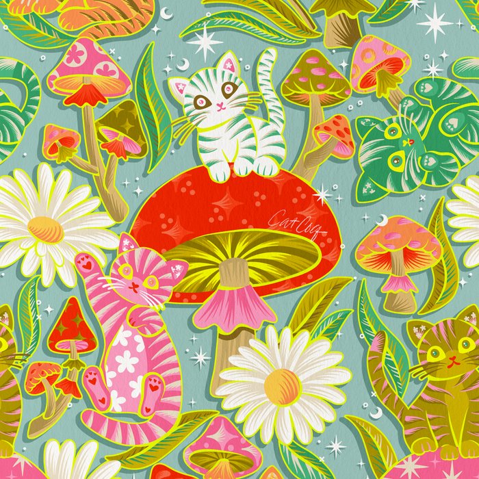 Kittens & Shrooms - Electric on Blue Coffee Mug Gallery Image 2