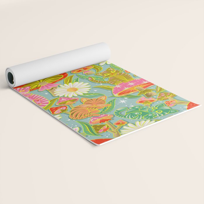 Kittens & Shrooms - Electric on Blue Yoga Mat Gallery Image 2