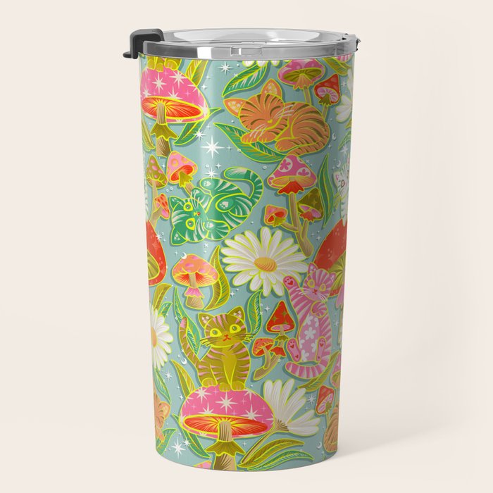 Kittens & Shrooms - Electric on Blue Travel Mug Gallery Image 3