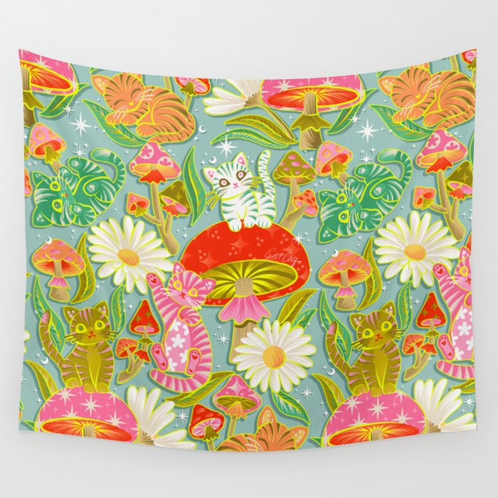 Kittens & Shrooms - Electric on Blue Wall Tapestry Gallery Image 1