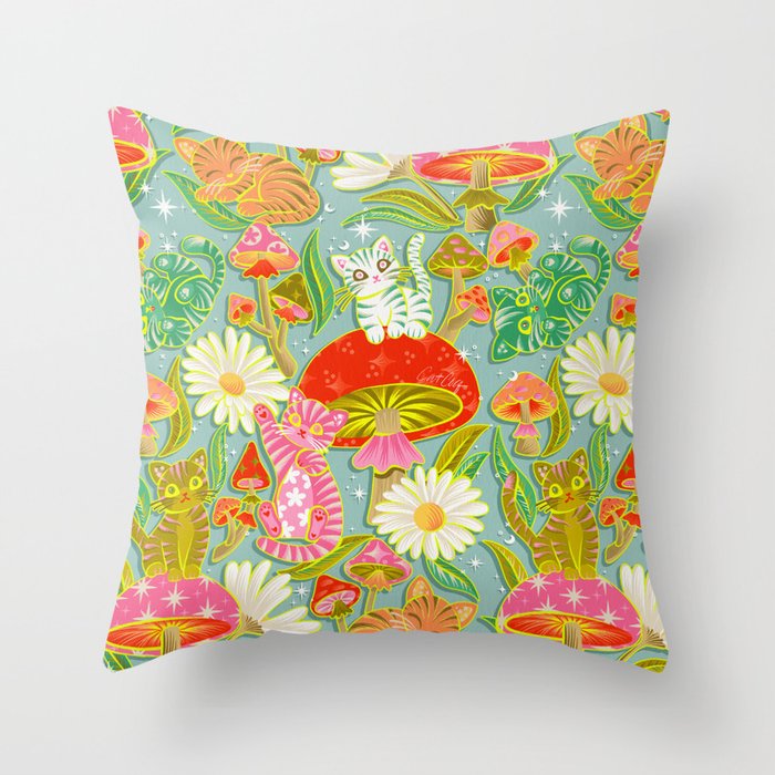 Kittens & Shrooms - Electric on Blue Throw Pillow Gallery Image 1
