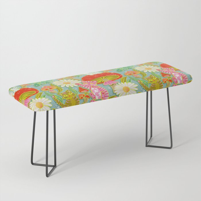 Kittens & Shrooms - Electric on Blue Bench Gallery Image 1