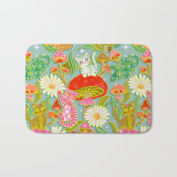Kittens & Shrooms - Electric on Blue Bath Mat Gallery Image 1