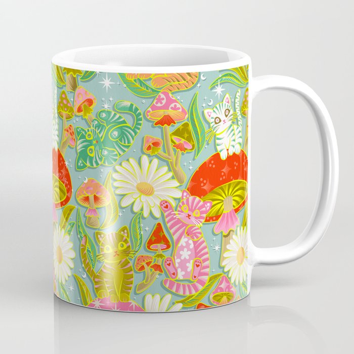 Kittens & Shrooms - Electric on Blue Coffee Mug Gallery Image 1