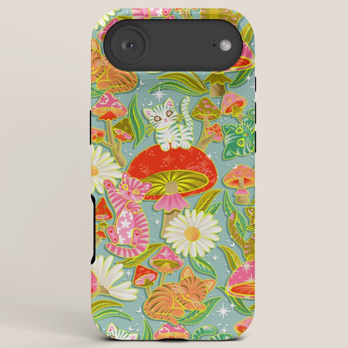 Kittens & Shrooms - Electric on Blue iPhone Case Gallery Image 6