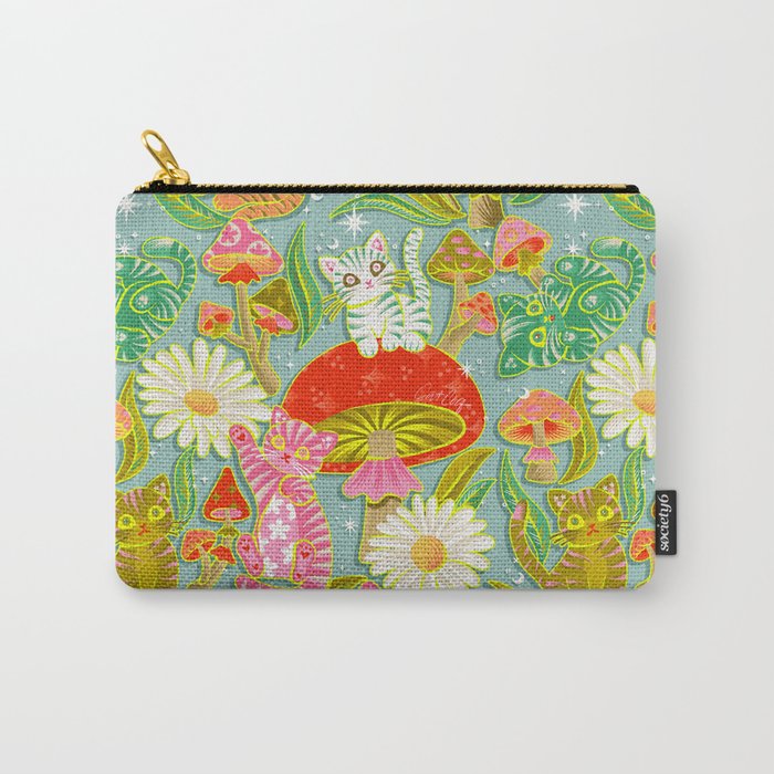 Kittens & Shrooms - Electric on Blue Carry All Pouch Gallery Image 1