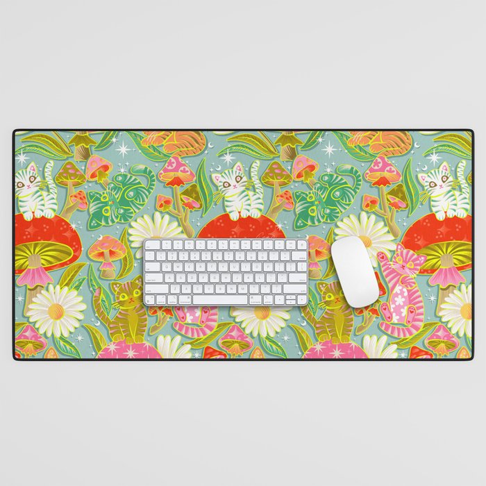 Kittens & Shrooms - Electric on Blue Desk Mat Gallery Image 1