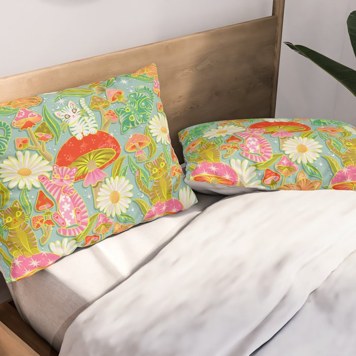Kittens & Shrooms - Electric on Blue Pillow Sham Gallery Image 2