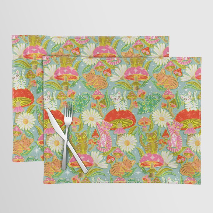 Kittens & Shrooms - Electric on Blue Placemat Gallery Image 1