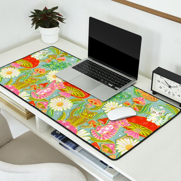 Kittens & Shrooms - Electric on Blue Desk Mat Gallery Image 2