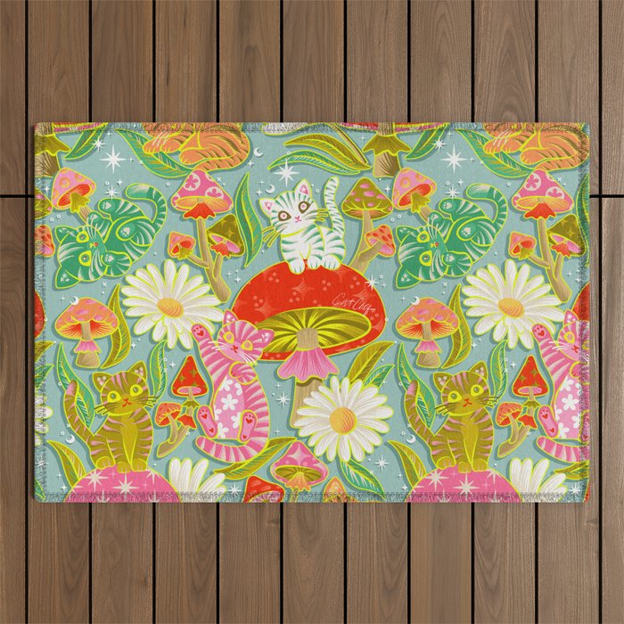 Kittens & Shrooms - Electric on Blue Outdoor Rug Gallery Image 1