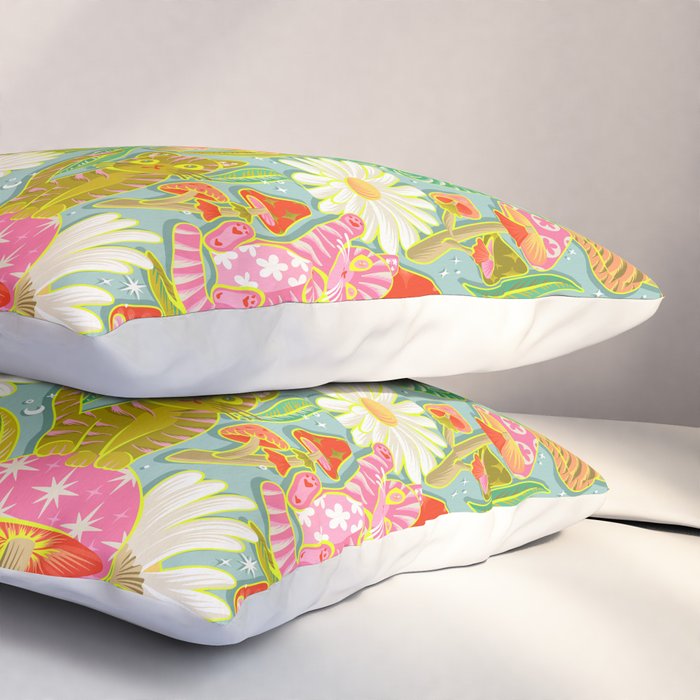 Kittens & Shrooms - Electric on Blue Pillow Sham Gallery Image 3
