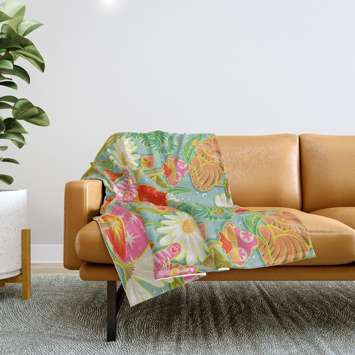 Kittens & Shrooms - Electric on Blue Throw Blanket Gallery Image 1