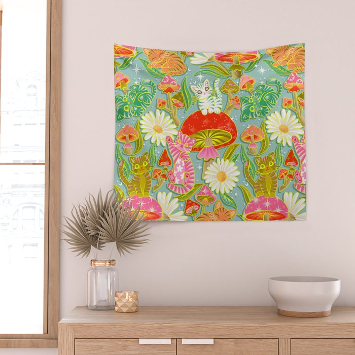Kittens & Shrooms - Electric on Blue Wall Tapestry Gallery Image 2
