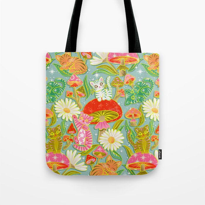 Kittens & Shrooms - Electric on Blue Tote Bag Gallery Image 1
