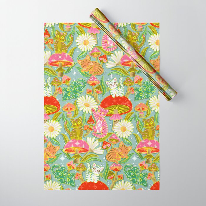 Kittens & Shrooms - Electric on Blue Wrapping Paper Gallery Image 1