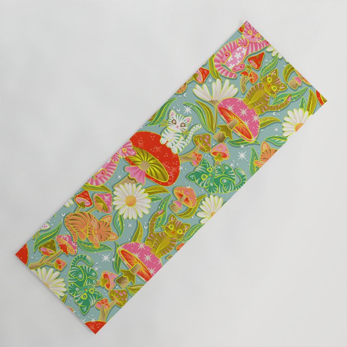 Kittens & Shrooms - Electric on Blue Yoga Mat Gallery Image 1