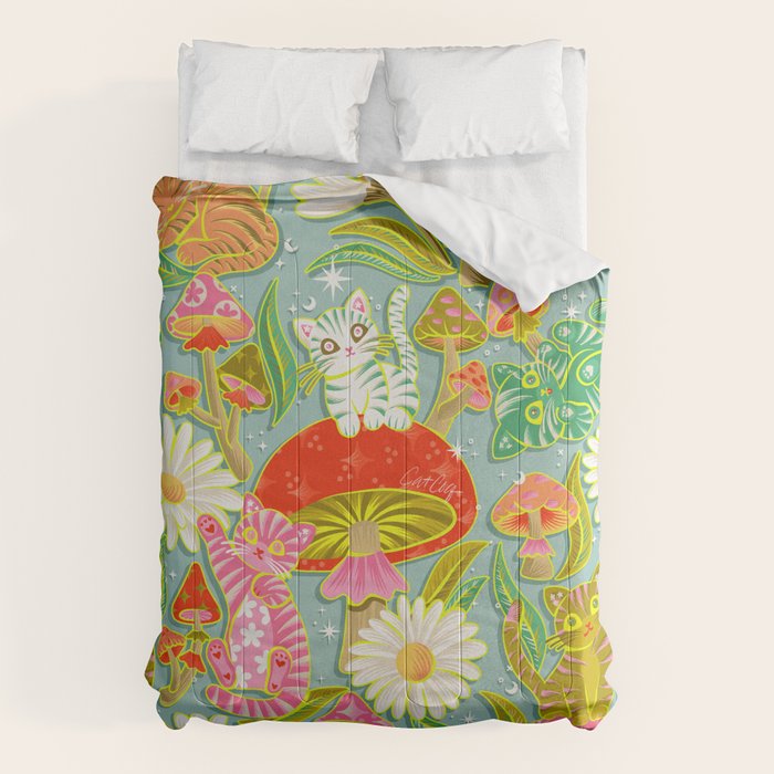 Kittens & Shrooms - Electric on Blue Comforter Gallery Image 6