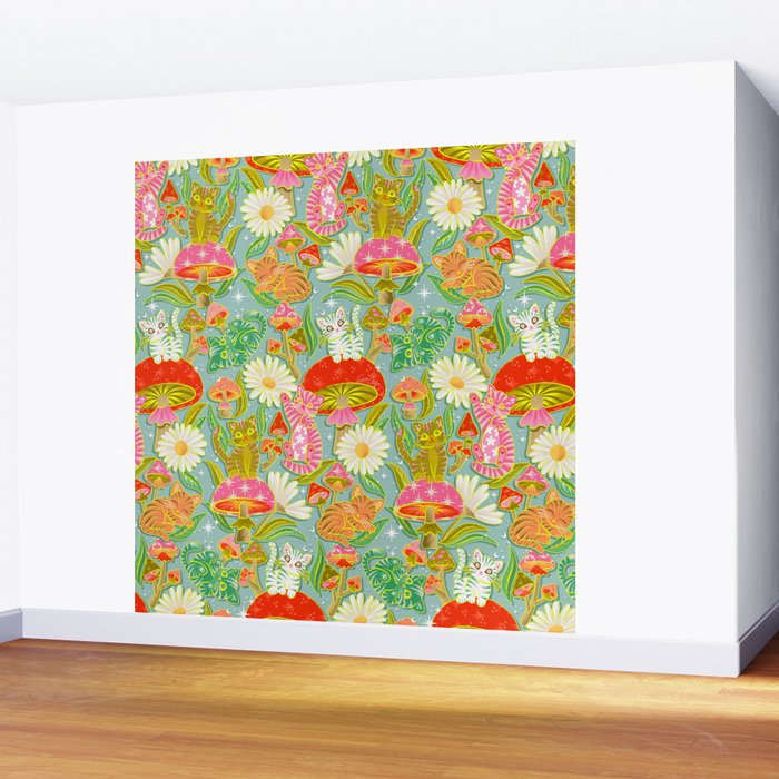 Kittens & Shrooms - Electric on Blue Wall Mural Gallery Image 2