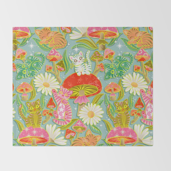 Kittens & Shrooms - Electric on Blue Throw Blanket Gallery Image 2