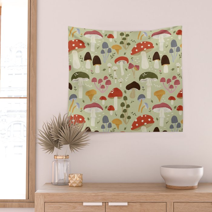 Whimsical Forest Mushrooms Pattern Wall Tapestry Gallery Image 2