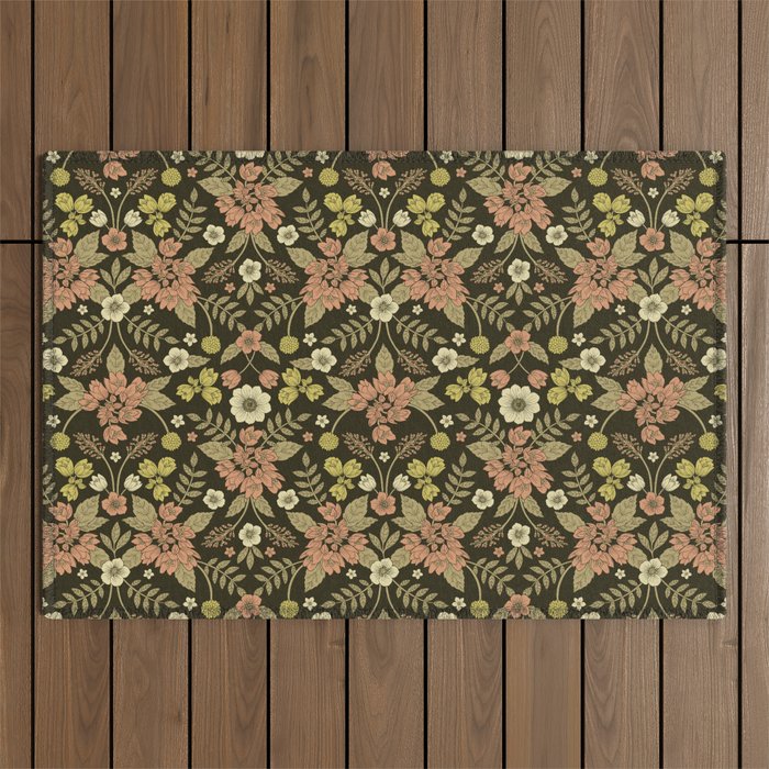 Sage, Dark Green, Peach & Cream Floral Pattern Outdoor Rug Gallery Image 1