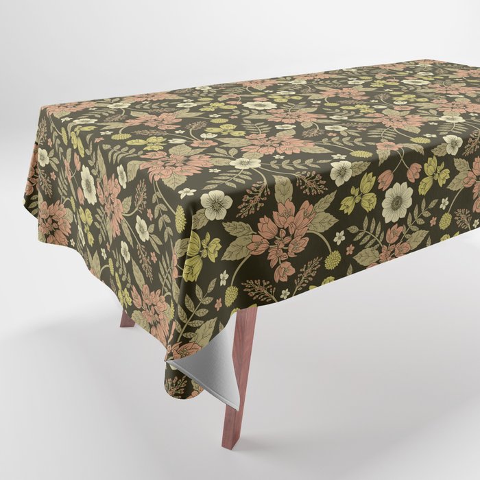 Sage, Dark Green, Peach & Cream Floral Pattern Tablecloth Gallery Image 1