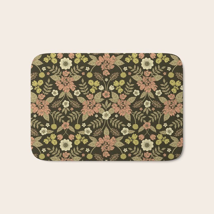 Sage, Dark Green, Peach & Cream Floral Pattern Bath Mat Gallery Image 1