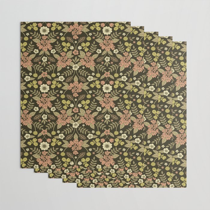 Sage, Dark Green, Peach & Cream Floral Pattern Wrapping Paper Gallery Image 3