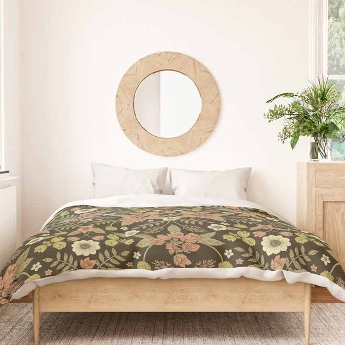 Sage, Dark Green, Peach & Cream Floral Pattern Duvet Cover Gallery Image 3