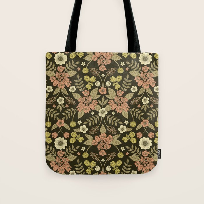 Sage, Dark Green, Peach & Cream Floral Pattern Tote Bag Gallery Image 1