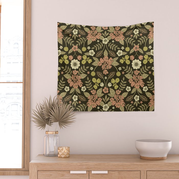 Sage, Dark Green, Peach & Cream Floral Pattern Wall Tapestry Gallery Image 2