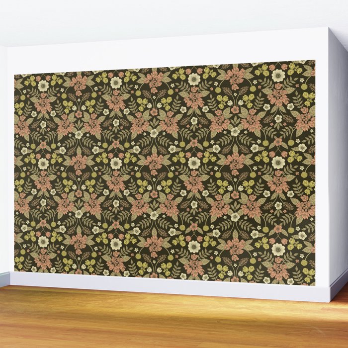 Sage, Dark Green, Peach & Cream Floral Pattern Wall Mural Gallery Image 2
