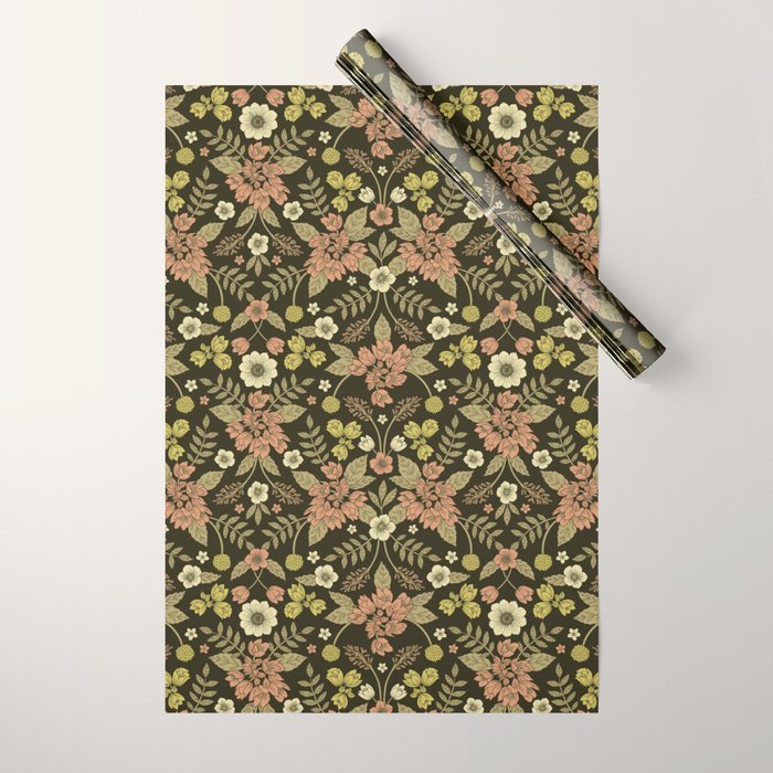 Sage, Dark Green, Peach & Cream Floral Pattern Wrapping Paper Gallery Image 1