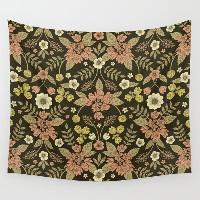 Sage, Dark Green, Peach & Cream Floral Pattern Wall Tapestry Gallery Image 1
