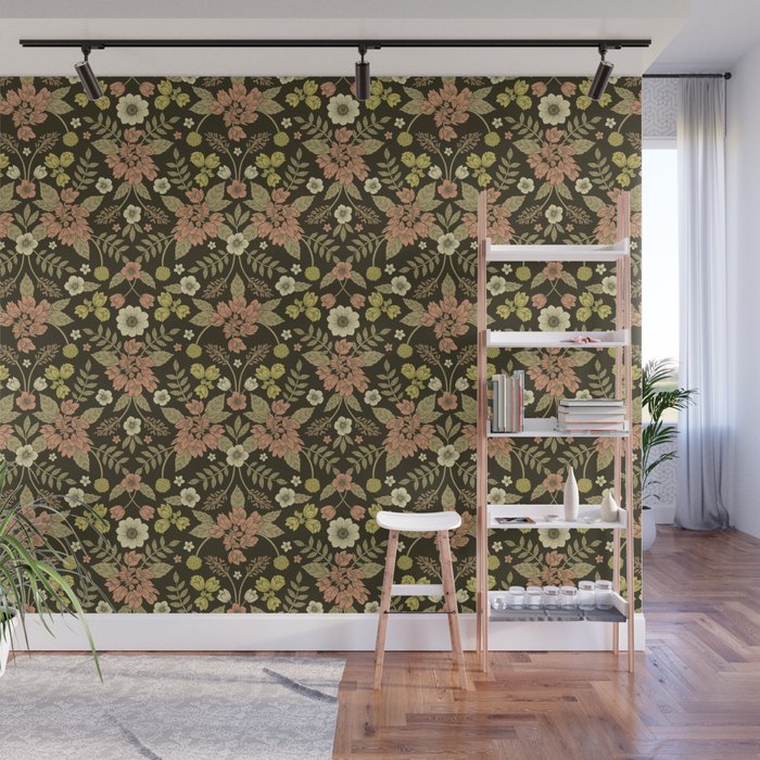 Sage, Dark Green, Peach & Cream Floral Pattern Wall Mural Gallery Image 1
