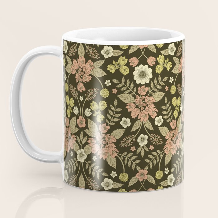 Sage, Dark Green, Peach & Cream Floral Pattern Coffee Mug Gallery Image 3